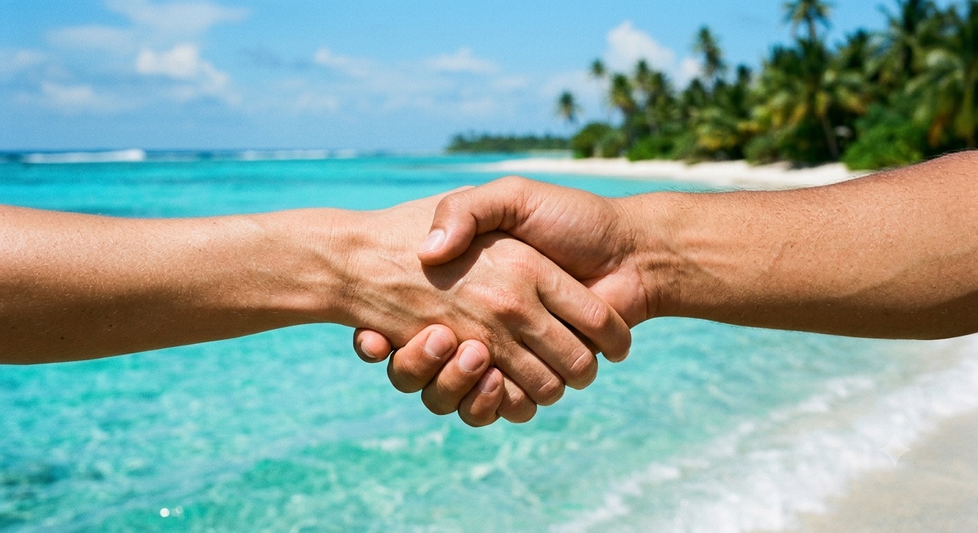 A friendly handshake with the turquoise sea in the background